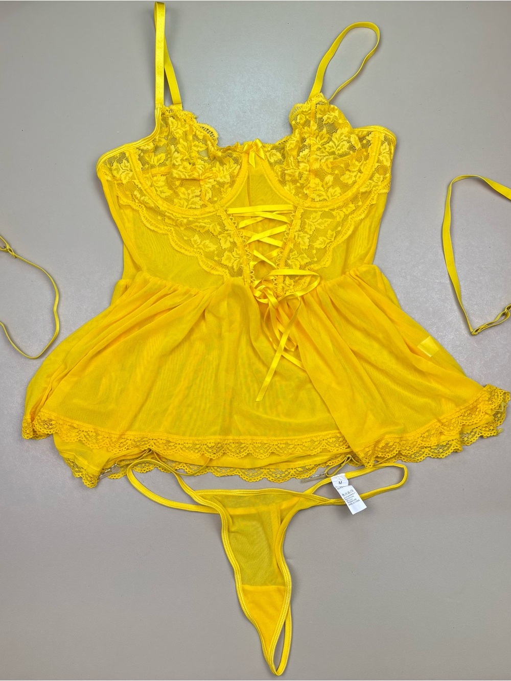 Yellow Lace Babydoll Lingerie Set Garter Straps Sheer Thong Medium